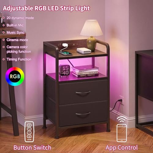 Image of Fixwal Night Stand for Men Bedroom with 2 Fabric Storage Drawers and Shelves, Nightstand with Charging Station & LED Lights, Black