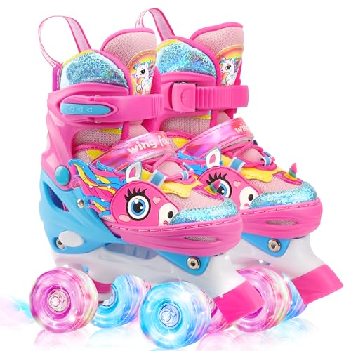 WESKIFAN - Patines de patines para niños pequeños con ruedas brillantes y tamaños ajustables para principiantes para regalos de cumpleaños de Navidad (rosa, XS (6-9J))