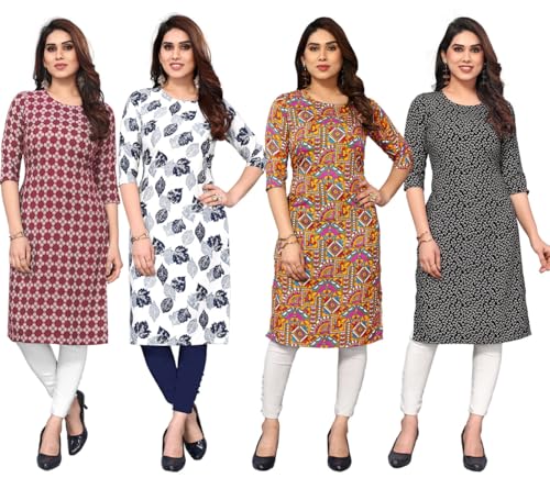 Image of JAKHANA Women's Crepe Printed Casual Straight Calf Length Round Nick Kurta Pack of 4