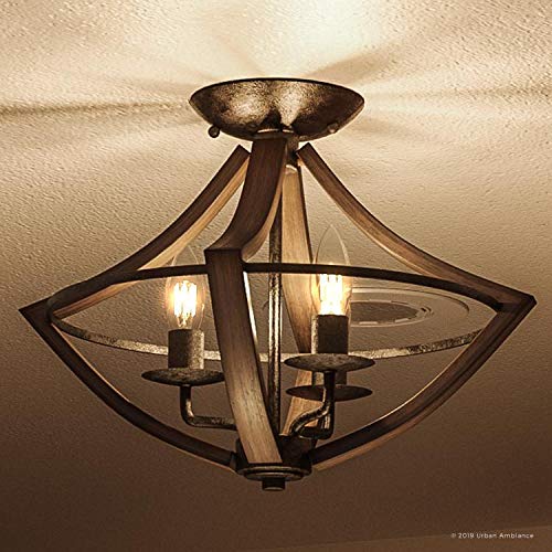 Urban Ambiance Luxury Farmhouse Ceiling Light, Medium Size: 12.5" H x 16.5" W, with Rustic Style Elements, Wood Grain Metal with Antique Black Finish, UQL2963 from The Swansea Collection