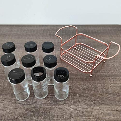 Porta Tempero Condimento 9 Potes Vidro Tampa Dosadora Suporte Dourado Organização Cozinha
