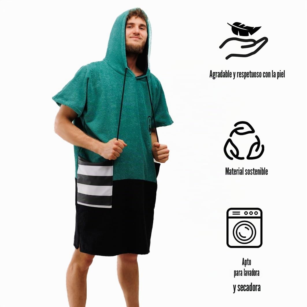 WAVE HAWAII Poncho Faro - Poncho de surf, 100% algodón, para tallas de cuerpo de 160 – 190 cm, para natación, playa, surf, toalla de baño con poncho de ducha para mujer, hombre y adulto, M/L