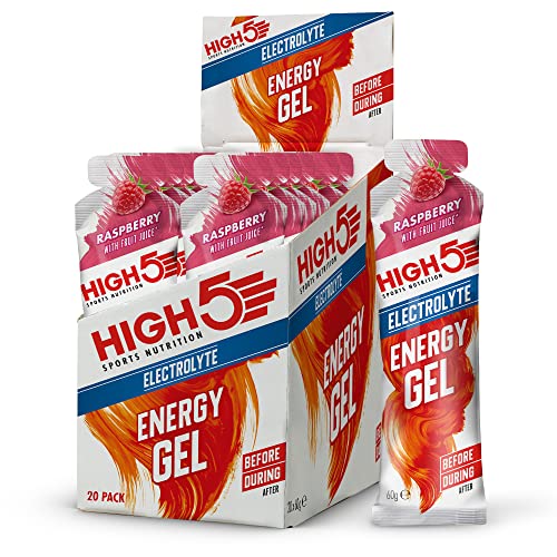 HIGH5 Energy Gel with Electrolytes | Quick Release Energy On The Go | 23 g Carbs | 57mg Magnesium | Great Taste | (Raspberry, 20x60g)