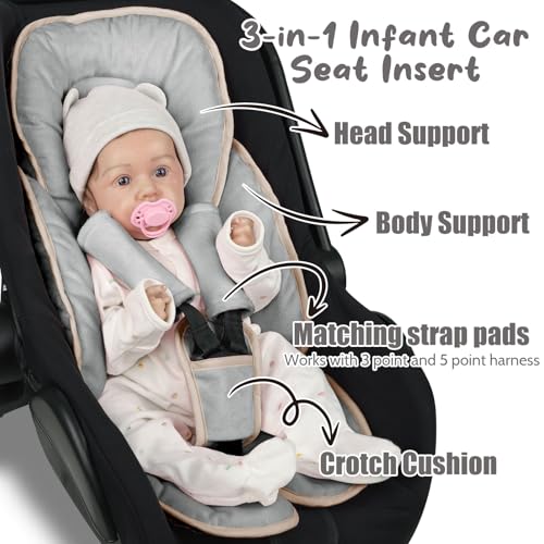 Image of 2 in 1 Infant Car Seat Insert Head and Body Support Set, Reversible Newborn Insert for Carseat with 3 Extra Strap Paddings, Soft Stroller Cushion Pillow Insert Girls, Fits for Stroller, Swing, Grey