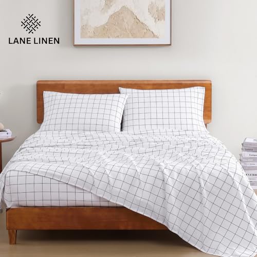 Image of LANE LINEN 100% Organic Cotton King Size Sheets Set, Soft Breathable Sheets Percale Weave, All Season Machine Washable Hotel-Quality Mercerized Fully Elasticized Printed King Sheet Set - Windowpane