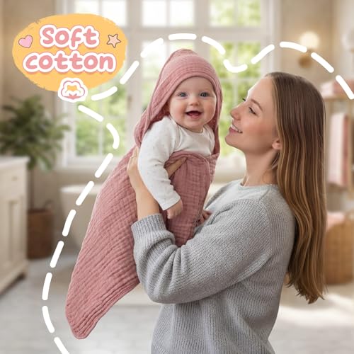 Image of Breling 12 Pcs Muslin Hooded Baby Bath Towel Set, Pink Series