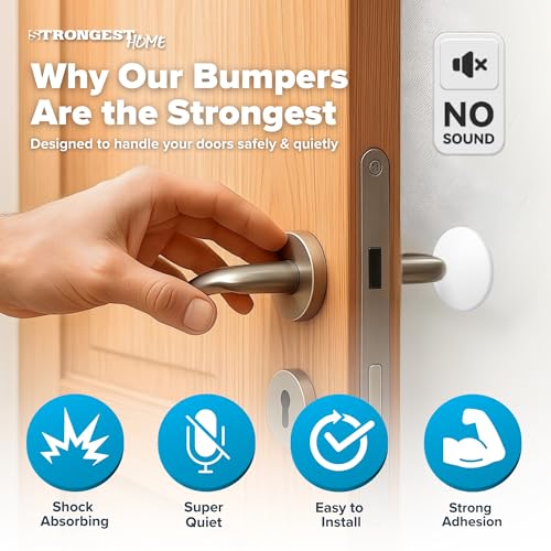 Image of STRONGEST HOME Door Stoppers (Medium) 1.57 inch - Door Stop for Wall with Strong Back Adhesive - Quiet and Shock Absorbent Silicone Wall Protectors from Door Knobs - Protects Every Surface (White | 7 PCS)