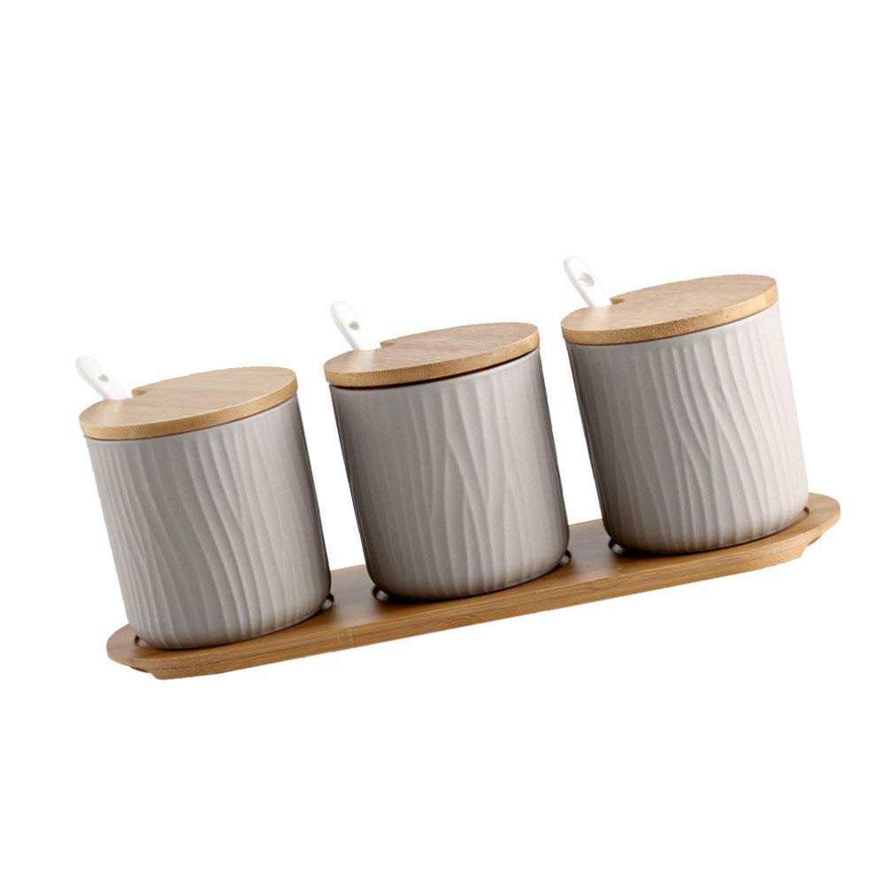 Tarro de especias de cerámica, macetas de especias con tapa, cuchara, bandeja de madera para servir en el hogar, cocina, 9,5 x 28,5 cm, color gris