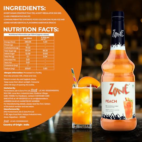 Image of Zone Peach Flavoured Syrup 1000ml - Juicy Peach Flavoured syrup for Mocktails, Iced Teas, Coolers, Smoothies & Summer Drinks |1 Litre - More Servings, Perfect For Cafe Restaurants & Professional Use