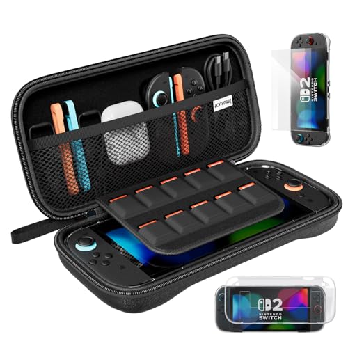 ECHTPower Kit de Accesorios para Nintendo Switch 2(Modelo 2025), 4 en 1 con Estuche para Switch 2, Funda Trasparente, 2 Piezas Protector Pantalla, Estuche Compacto Portátil, Anticaídas y Antiarañazos