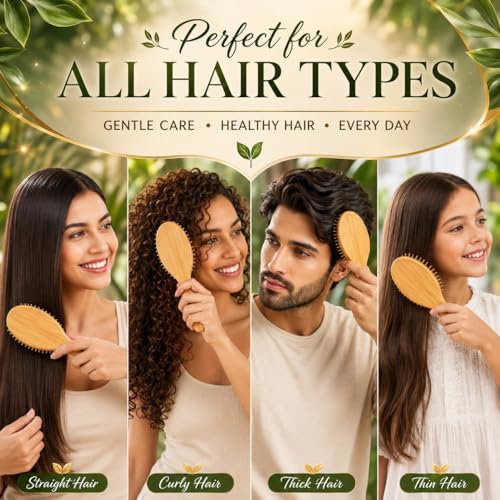 Image of KAIDAA Neem Bamboo Wooden Hair Brush Soaked in Amla & Bhringraj oil | Anti-Static Detangling Brush