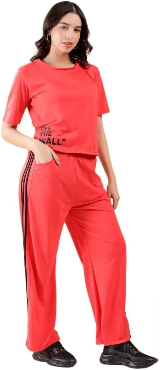 STUBBORNCotton Tracksuit for Women Shirt and Trouser Set, Red, Large to XLarge, Crew Neck Shirt, Short Sleeve, Active Sport Wear, Track Suit Sets, Regular Fit, All Seasons, Casual Dress, Women Outfit