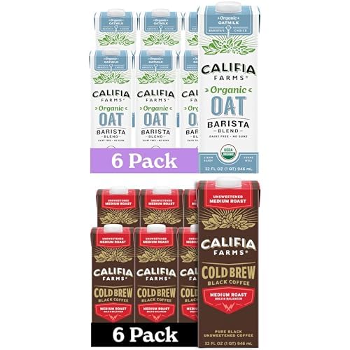 Bundle of Califia Farms Organic Oat Barista Blend, 32 oz (Pack of 6) + Califia Farms Pure Black Medium Roast Cold Brew Coffee, 32 Oz (Pack of 6)