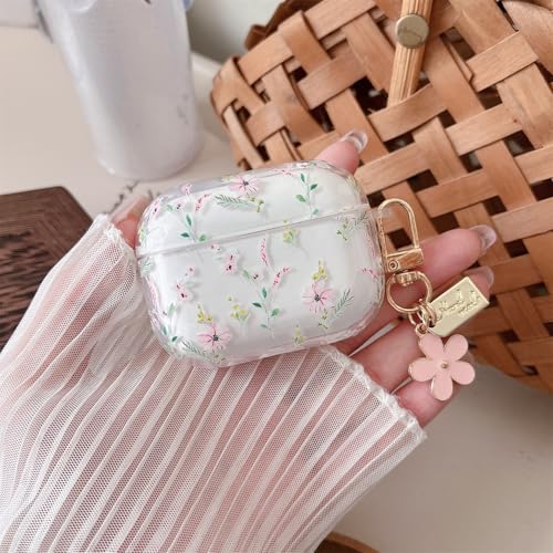 Image of MINSCOSE Compatible with AirPods Pro 2nd /1st Case Clear Case, Cute Cartoon Flower Pattern Design with Aesthetic Floral Keychain Soft TPU Protective Shockproof Cover for AirPods Pro /Pro 2-Pink