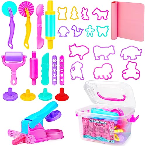 Dough Tool Sets for Kids Toddlers,Cute Playdough Accessories with Rolling Pin Dough Mat Storage Box,Party Pack Toys for Kids Age 2-4 3-5 4-8,Educational Toys Gift for Birthday Christmas Boys Girls