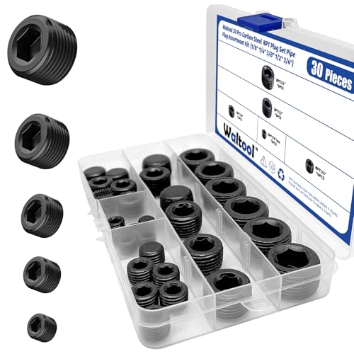 30 Pcs Carbon Steel NPT Pipe Plugs Assortment Kit 1/8" 1/4" 3/8" 1/2" 3/4" Internal Hex Thread Socket Pipe Plug for Sealing Pipe Port
