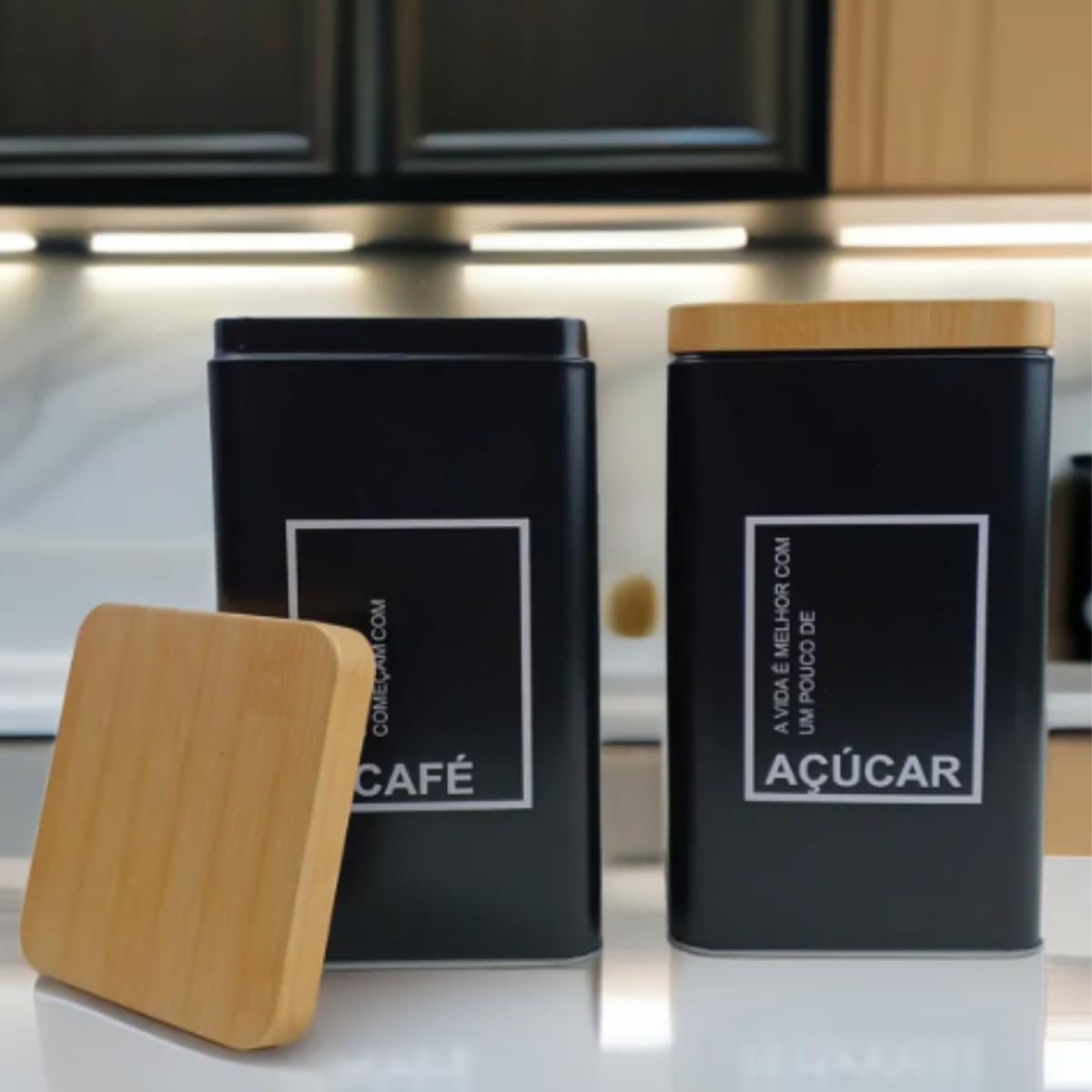 Conjunto de Potes Herméticos para Café e Açúcar, Metal Preto com Tampa Estilo Bambu,