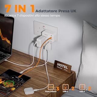TESSAN Adattatore Presa Inglese con 2 USB C e 2 USB A, 7 in 1 Adattatori Prese Inglesi, Adattatore Spina Inglese 3250 W, Presa Tipo G per Regno Unito, Irlanda, Scozia, Singapore, Dubai, Malta