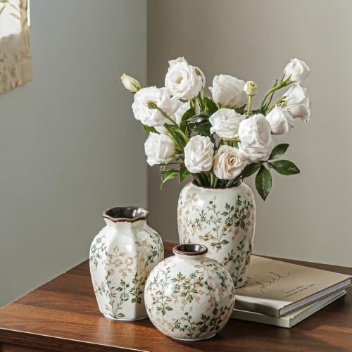 Image of Ceramic Flower Mini Vase for Decor | Vintage Small Green Rustic Vases, Farmhouse Room Decor Vase for Home, Coffee Table, Bookshelf, Centerpieces and Dinner Room, 3.8+4.6+4.7 inch Set of 3