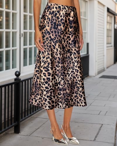 Women's Silk Satin Midi Skirt Elastic High Waisted A-Line Cheetah Print Leopard Long Skirts for Women Trendy2