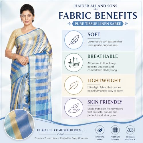 Image of HAIDER ALI AND SONS Pure Tissue Linen Saree for Women with Blouse Piece | Bhagalpuri Handloom Linen Saree | Soft Breathable Lightweight Ethnic Saree for Party, Festival, Office Wear |