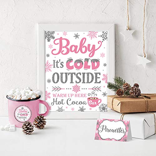Hot Cocoa Bar Kit Pink Silver Snowflake Hot Cocoa Banner Bar Sign Hot Chocolate Toppings Labels Cup Tags Stickers For Winter Wonderland Baby Shower Baby It's Cold Outside Decorations Frozen Party Birthday Christmas Holiday New Year Party Supplies #TOP4