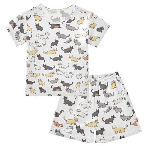 ALAZA Hipster Cat Kitten White Pajamas Short Sleeve 2 Piece Sleepwear Top and Bottom Pajama Set Unisex