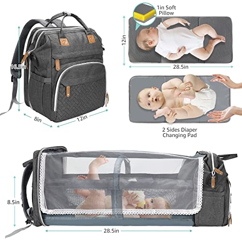Baby Diaper Bag Backpack, Diaper Changing Station, Portable Changing Station Backpack for Boys Girls,Waterproof Changing Pad,USB Charging Port,Pacifier Case, Sunshade and Toy Bar,DK Grey - Thumbnail 5