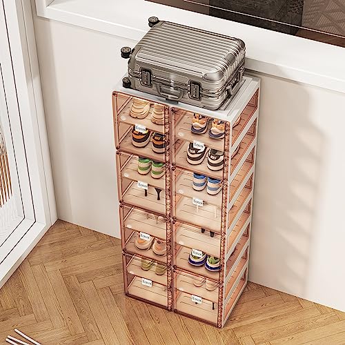 BINSIO Shoe Organizer, Shoe Storage Rack for Closet, Shoe Cabinet for Entryway, Plastic, Foldable Shoe Box, Fast Assembly Shoe Shelf, One Piece Sturdy Sneaker Holder, Clear Brown Doors - 8 Tiers