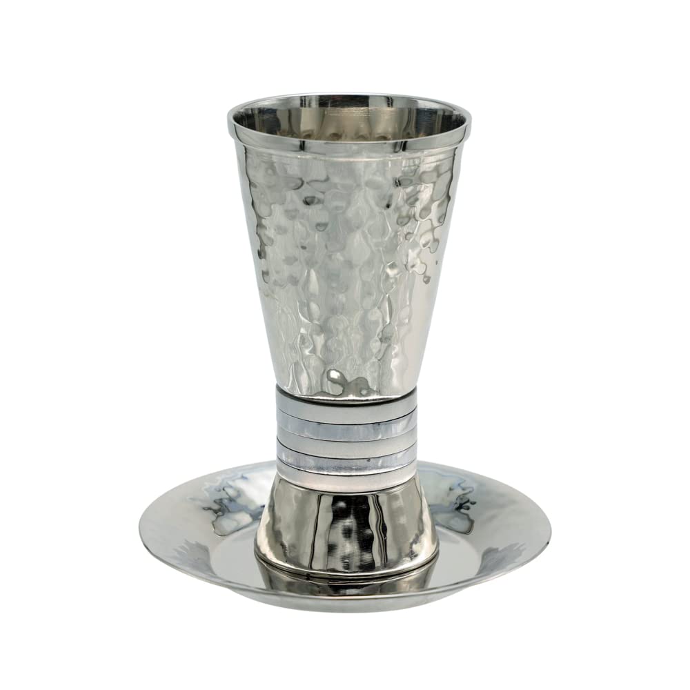 Hammered Nickel Cylinder Shaped Kiddush Cup With Silver Rings | CUT-3