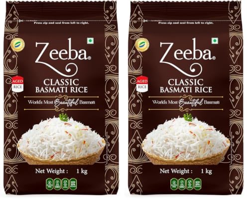 Image of Zeeba Classic Basmati Rice 1 Kg, Raw & Naturally Aged for 2 years, Extra Long Grains (Cooked length upto 27mm*) (Pack of 2)