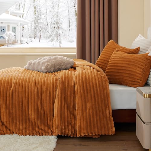 BEDELITE Fleece Queen Comforter Set -Super Soft & Warm Fluffy Rust Orange Bedding, Luxury Fuzzy Heavy Bed Set for Winter with 2 Pillow Cases
