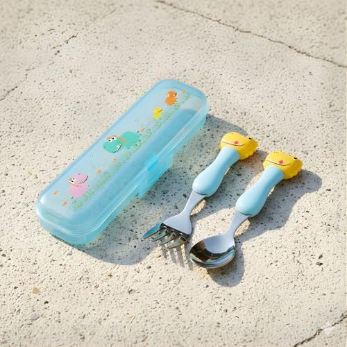 Image of Hian Kids Feeding Spoon & Fork Set - 304 Stainless Steel Children's Cutlery with Cute Design Handles, Safe Rounded Edges, Easy Grip & Travel Carry Case Included, Pack of 2 (Blue Color)