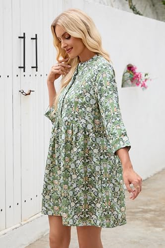 Image of EZAPINE Floral Dress for Women 3 /4 Sleeve Shift Boho Cotton Shirt Dresses | Button Up,Summer,Mini,Above Knee,Casual,for Picnic,Vacation