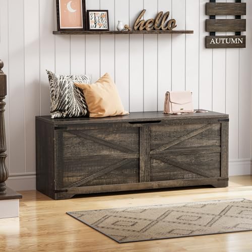 Dwvo MADWVPSFK6 Storage Bench, 47.2 Inch Farmhouse Storage Chest With 2 Safety Hinges, Wooden Storage Organizer, Shoe Bench For Entryway, Bedroom, Living Room, Dark Rustic Oak thumb #1