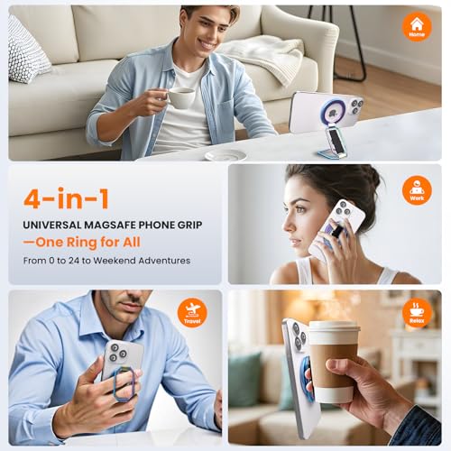 Image of Multi-Functional Magnetic Phone Grip Kickstand for MagSafe, Phone Holder for Hand, Foldable Ring Stand with Finger Loop Strap for Bedtime Scrolling & On-the-Go, Wireless Charging Compatible, Rainbow