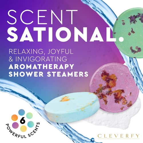 Cleverfy Aromatherapy Shower Steamers - Variety Pack of 6 Shower Bombs with Essential Oils. Self Care and Relaxation Shower Steamer for Women and Men. Purple Set