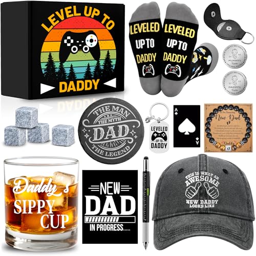 15 Pcs New Dad Gifts, Unique Dad Gift with 11 oz Daddy's Sippy Cup Whiskey Glass 4 Whiskey Stones Coaster Hat Sock Bracelet Decision Coin Keychain, Father's Day Christmas Gift for New Daddy, Husband
