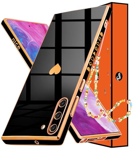Shorogyt (3in1 Heart Case for Samsung Galaxy Note 10 5G/4G 6.3 Inch Women Cute Aesthetic Love Hearts Pattern Girls Black Gold Luxury Girly Design Cases Trendy Cover+Chain for Note10 Note10 5G