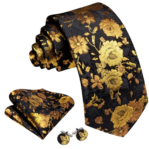 Image of Barry.Wang Flower Ties for Men Handkerchief Cufflinks Set Wedding Necktie Set Party