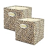 ANMINY 2PCS Storage Cube Set Leopard Print Large Velvet Fabric Storage Bins Boxes Baskets with Handles PP Plastic Board Foldable Closet Shelf Organizer Container for Home Office - Brown, 11"x 11"x 11"