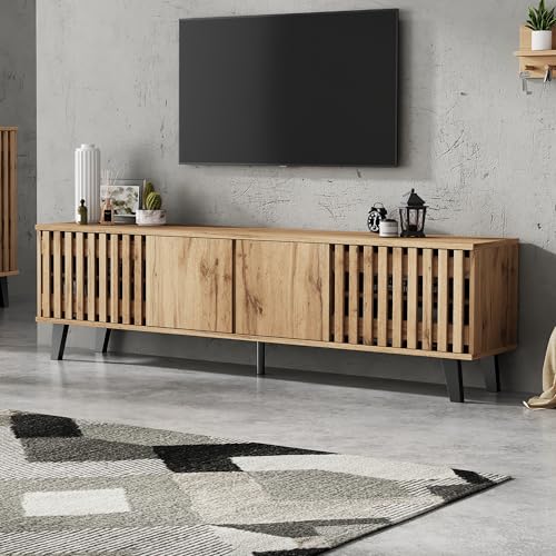 BLUON HOME Mueble de TV en color madera original, 8 estantes separados, soporte para TV, consola de TV, centro de entretenimiento para televisores de 70 pulgadas, 180 x 40 x 55 cm, adecuado para sala