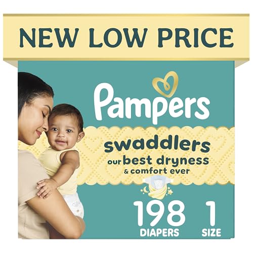 Pampers Swaddlers Diapers, Size 1 (8-14 lbs), 198 Count, Hypoallergenic, Absorbent, Keeps Baby Dry and Comfortable, Skin Safe Disposable Newborn Baby Diaper