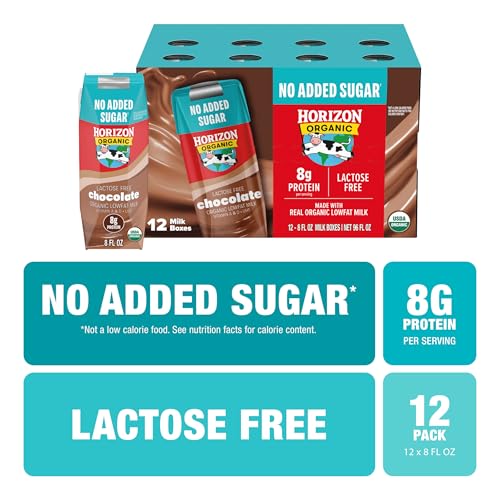 Image of NEW Horizon Organic Shelf Stable No Added Sugar Lactose Free 1% Lowfat Chocolate Milk Boxes, Pack of 12-8g Protein per Serving