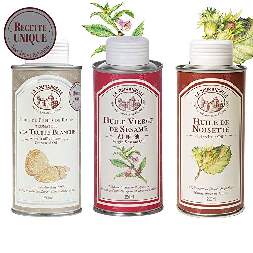 La tourangelle Pack de 3 Huiles Gourmandes de Pépins de Raisin à l'Arôme Naturel de Truffe Blanche/Vierge de Sésame/Noisette Subliment Tous Vos Plats de Goût Unique 3 x 250 ml