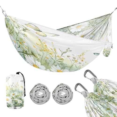 ATTX Green Wildflowers and Butterflies Camping Hammock - Lightweight & Portable Hammocks, Heavy Duty 330lbs Capacity for Indoor, Hiking, Backpacking, Travel, Backyard, Beach#72
