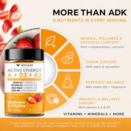 WELVIUM Vitamin D3 K2 Gummies 10000 IU with Magnesium Glycinate, Calcium, B12, K2 MK-7, Vitamins A, E, Lutein, Zeaxanthin - ADK Chewable Supplement for Bone, Eye, Immune Support - D3K2 Gummies — view 5