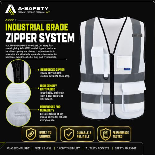 Image of A-SAFETY Hi-Vis Reflective Vest with Reinforced Points, Zipper, White, 2XL