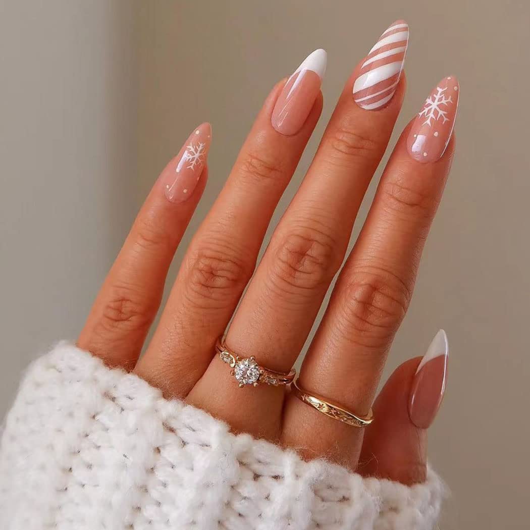 Handcess Christmas Oval False Nails White Short French Press on Nails Glossy Snowflake Acrylic Fake Nails Stick on Nail 24Pcs for Women