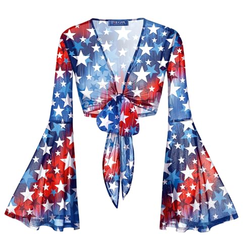 Image of For G and PL Women Tie Front Bell Sleeve Rave Crop Tops Floral Print Hippie Mesh Sheer Shirt